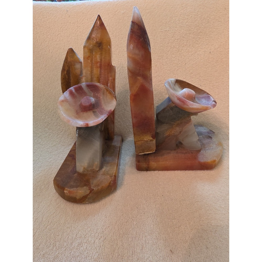 Vintage Onyx Marble Alabaster Mexican Siesta Cactus Book Ends Large 6 3/4" tall